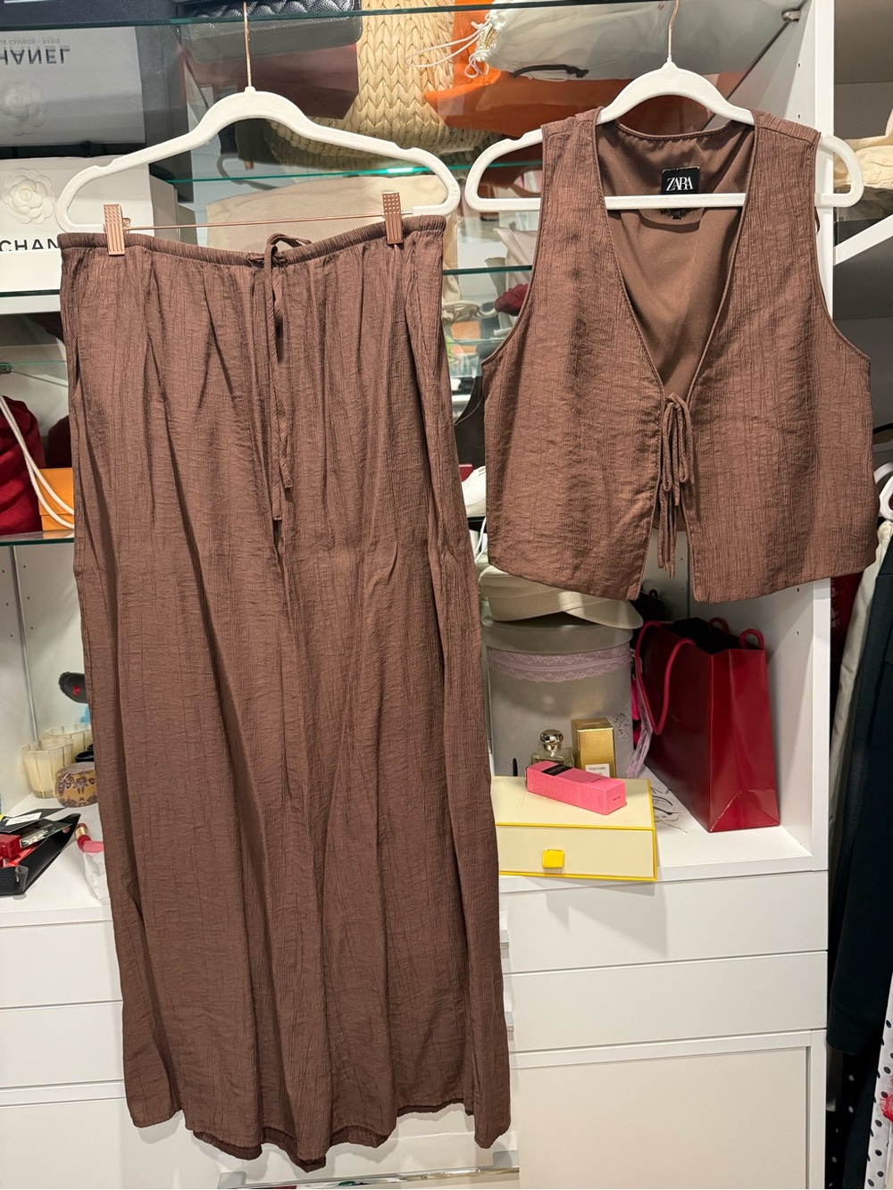 Zara Brown Maxi Skirt XL  & Tie-Front Vest Set L